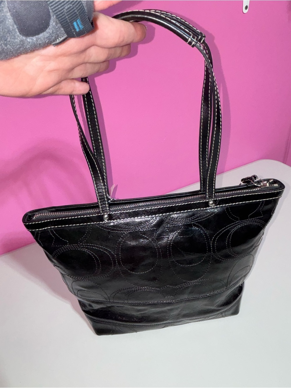 Coach Signature Stitched Patent Tote Black Leather Shoulder Bag NWT MSRP $328 - Picture 10 of 11